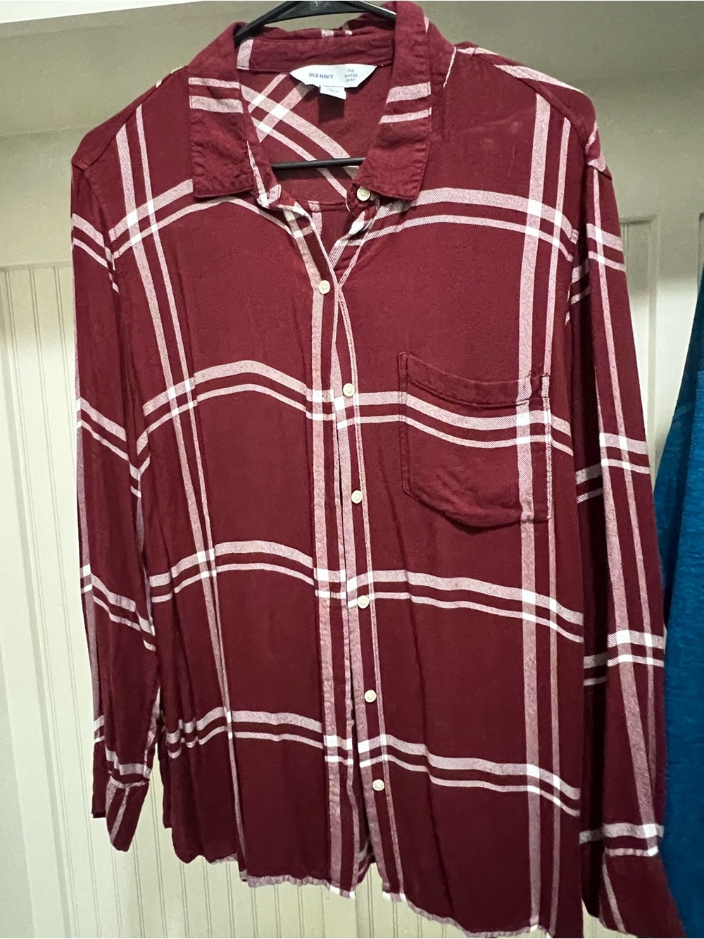 Old Navy Burgundy and White Plaid Long-Sleeve Button-Up